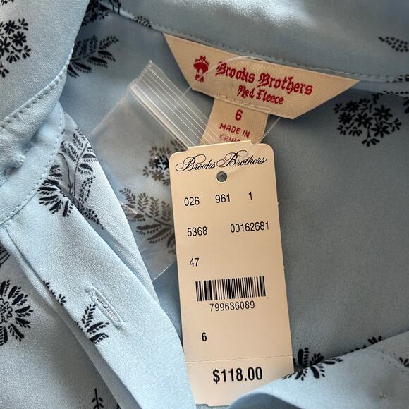 NWT Brooks Brothers Bow Blouse - Light Blue Floral Silk-Look Top - Size 6 - Picture 8 of 12
